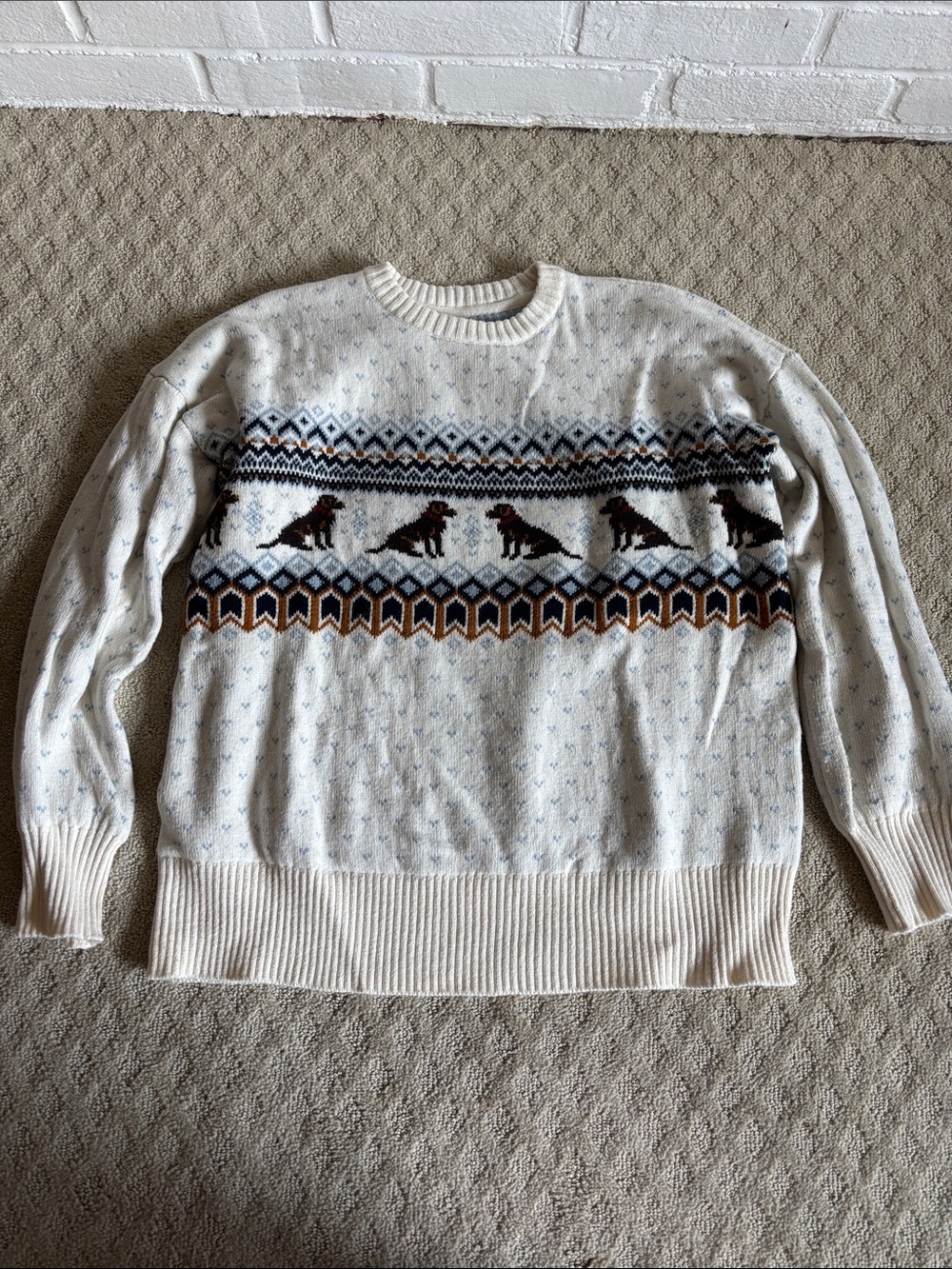 L.L. Bean Cream Crewneck Fair Isle Sweater Chocolate Lab Dog Motif